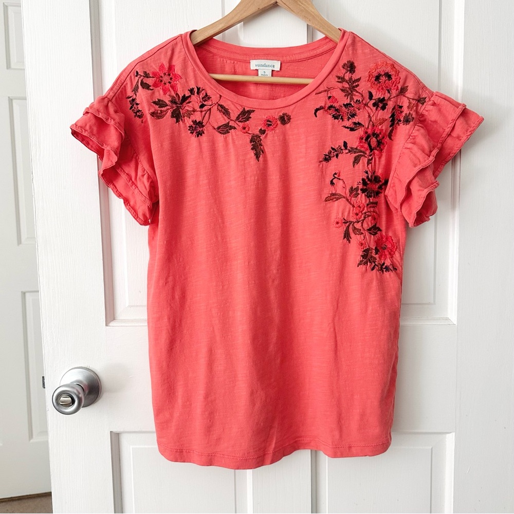 Sundance Coral Floral Embroidered Tee Flutter Ruffle Short Sleeves Boho Size S